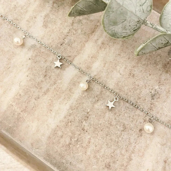 925 Sterling Silver Pearl & Star Charm Bracelet Dainty Bracelet Pearl Bracelet - Picture 4 of 5